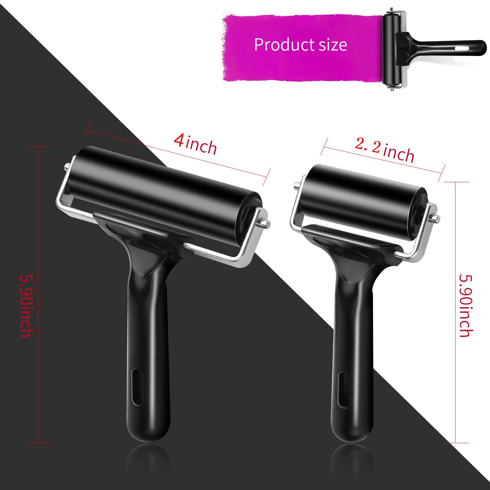 2Pcs Rubber Roller Brayer Rollers Hard Rubber 4 and 2.2 Inch for Printmaking (Bl