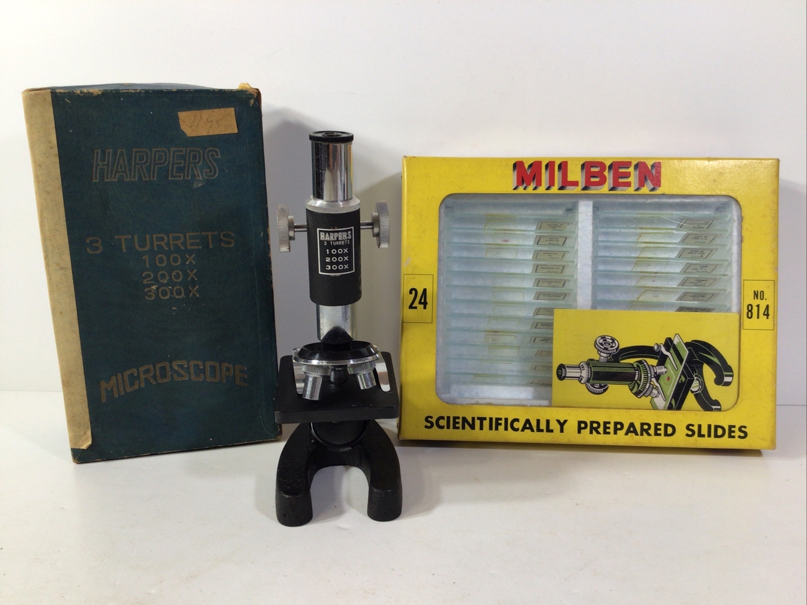Vintage Harpers 3 Turret Microscope Original Box + Milben Prepared Slides 24 Ct~