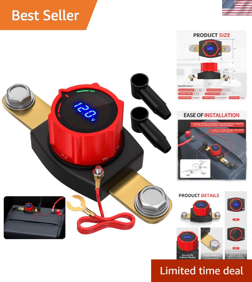 Side Post Battery Disconnect Switch 12V-48V with Led Voltmeter Display, DC 5-...