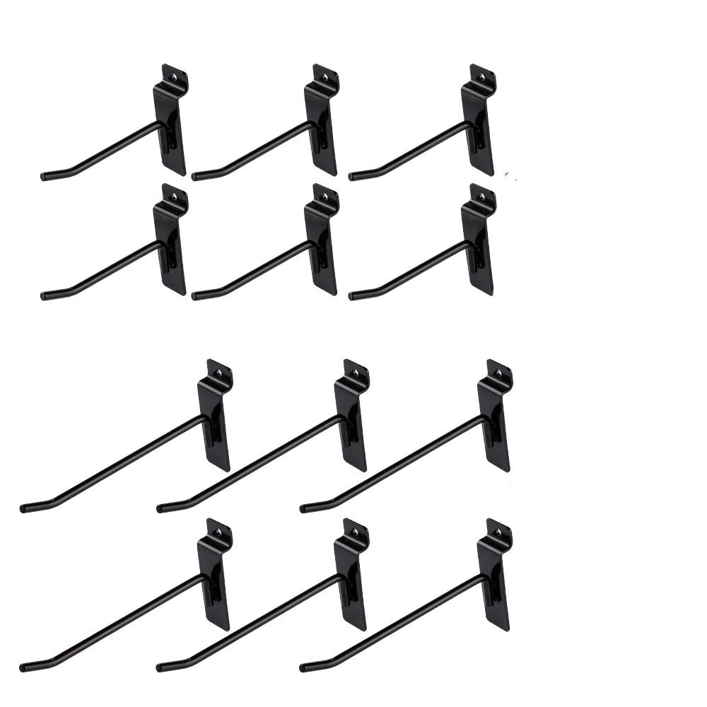 Dazzling Displays Box of 12 (Six 4-Inch and 6-Inch) Black Metal Slatwall Hooks