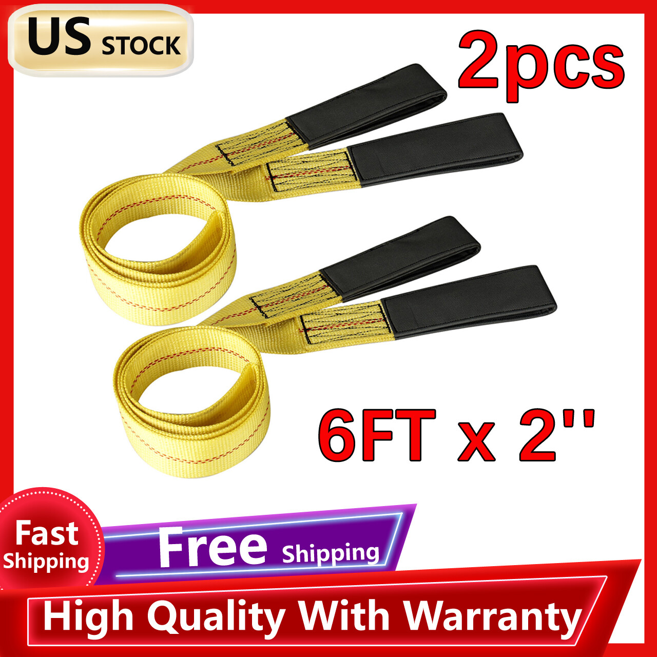 2 Pack 6ft x 2in Nylon Eye&Eye Lifting Sling Straps with Flat Loops 9000LBS