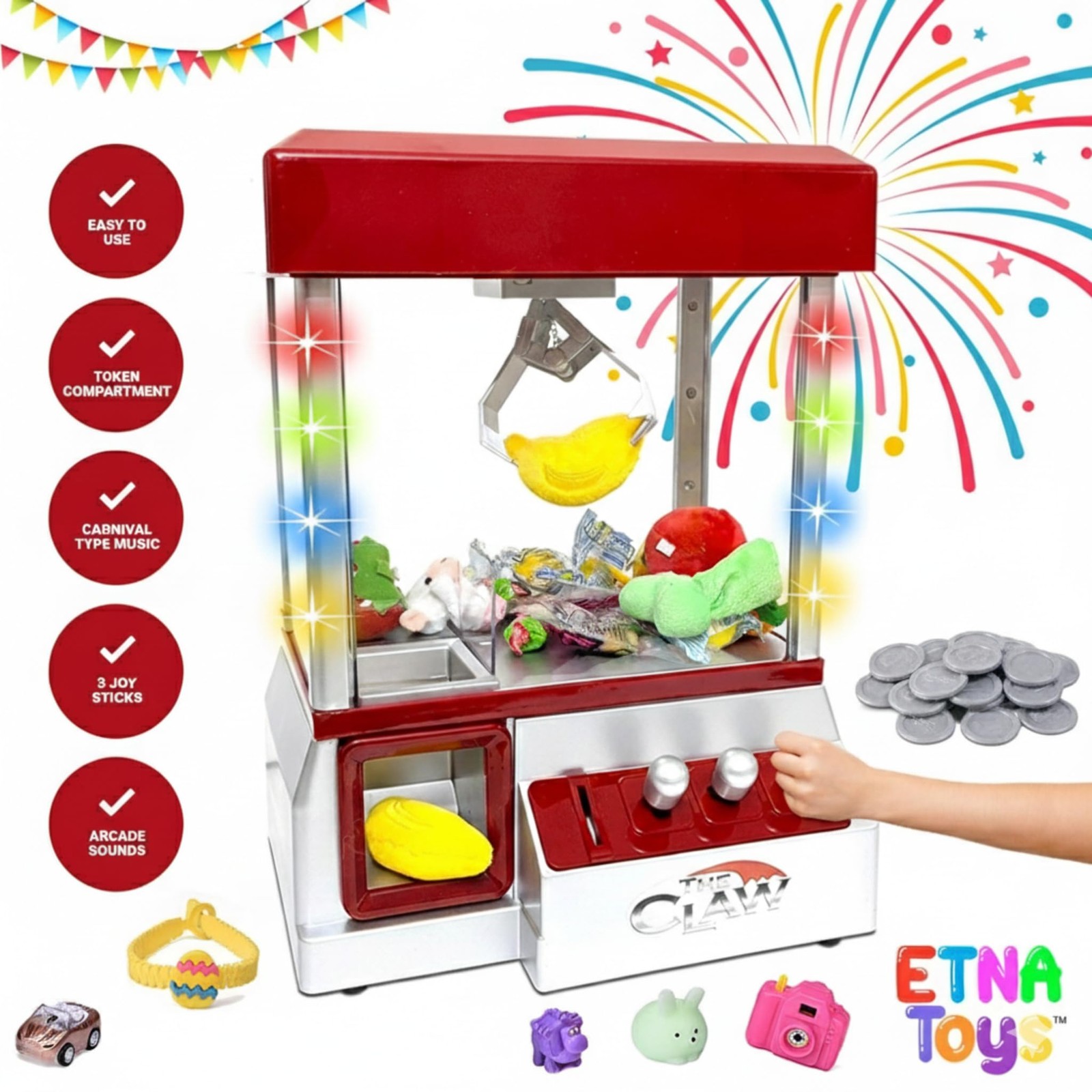 Etna Electronic Arcade Claw Machine - Toy Grabber with Small, Red