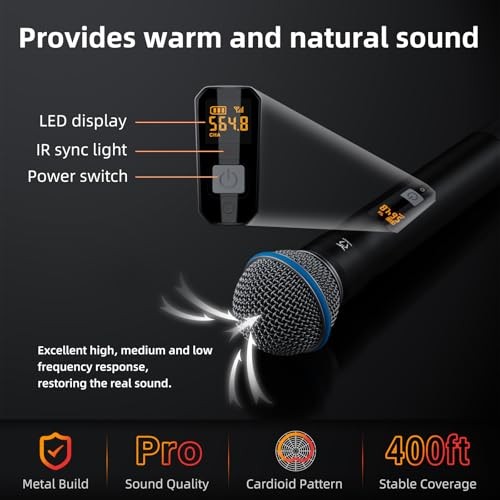 Dual Channel Wireless Microphone System, 2 Handheld Dynamic Mic, 200 UHF