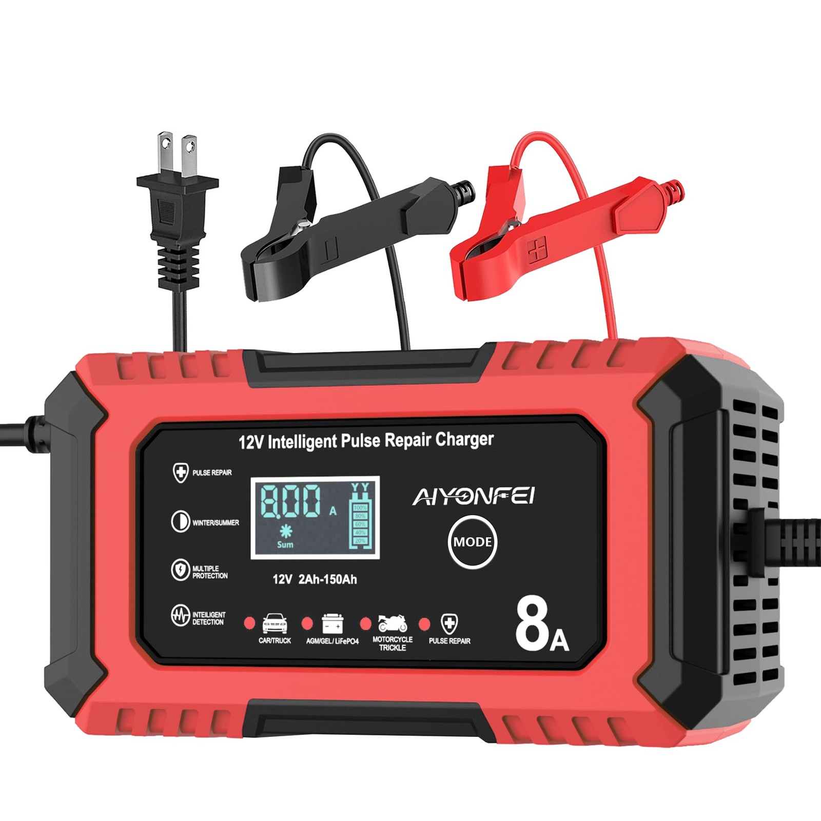 AIYONFEI 12V 8A Battery Charger, Smart Trickle Charger & Red