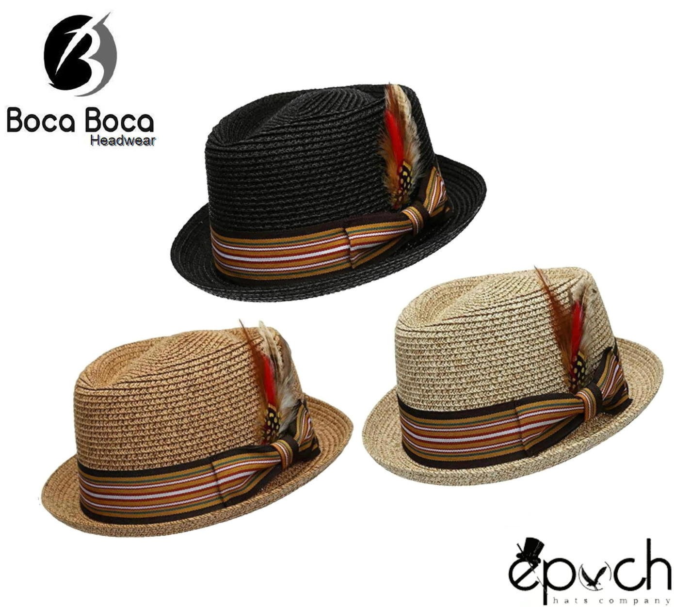 EPOCH Fedora Pork Pie Premium Straw Hat w/ Striped Band Removable Feather