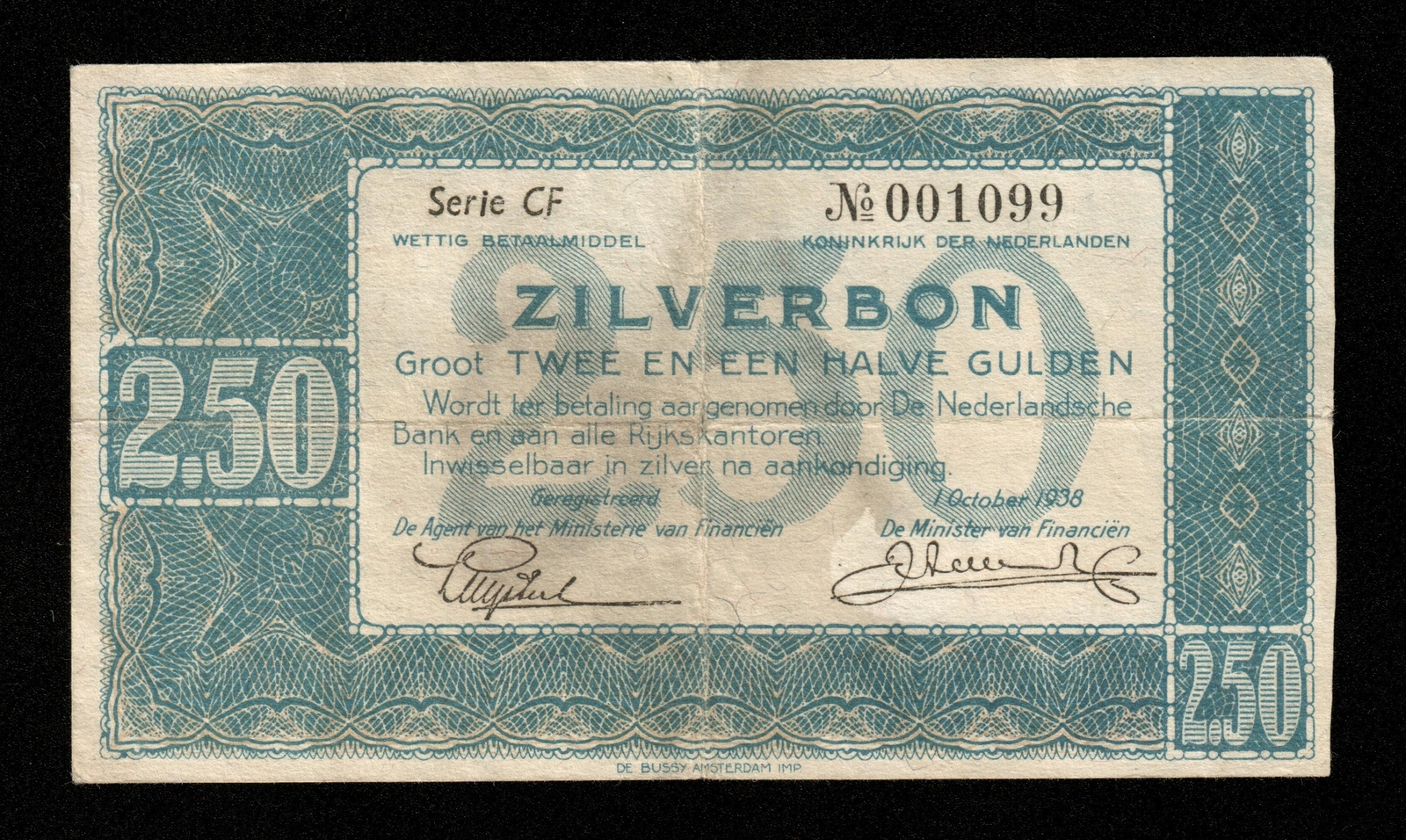 NETHERLANDS - NETHERLANDS - 2.5 Gulden 1938 Zilverbon P.62 VF / VF
