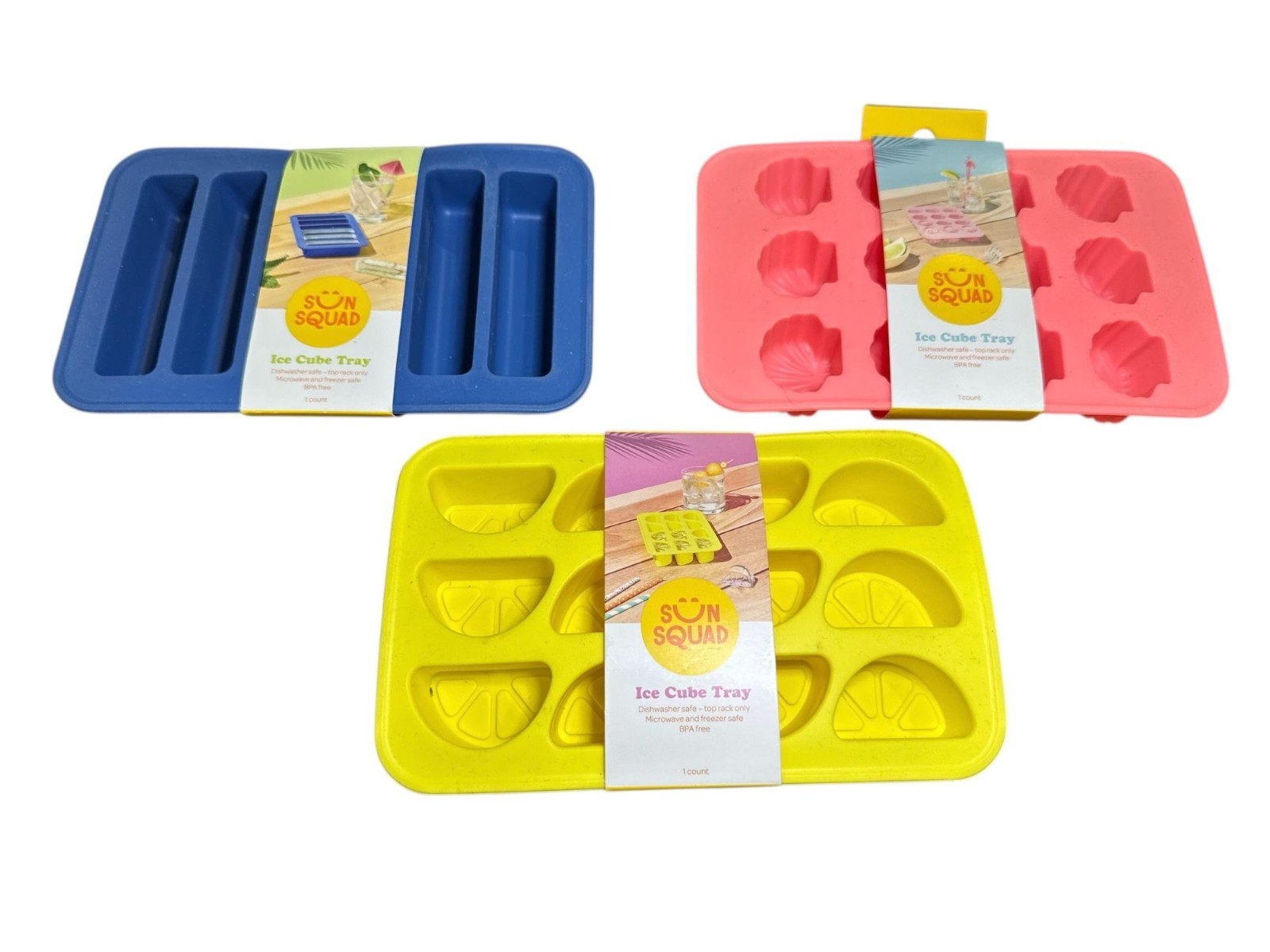 Sun Squad Silicone Ice Cube Trays Set Of 3 - Blue, Yellow & Pink NWT