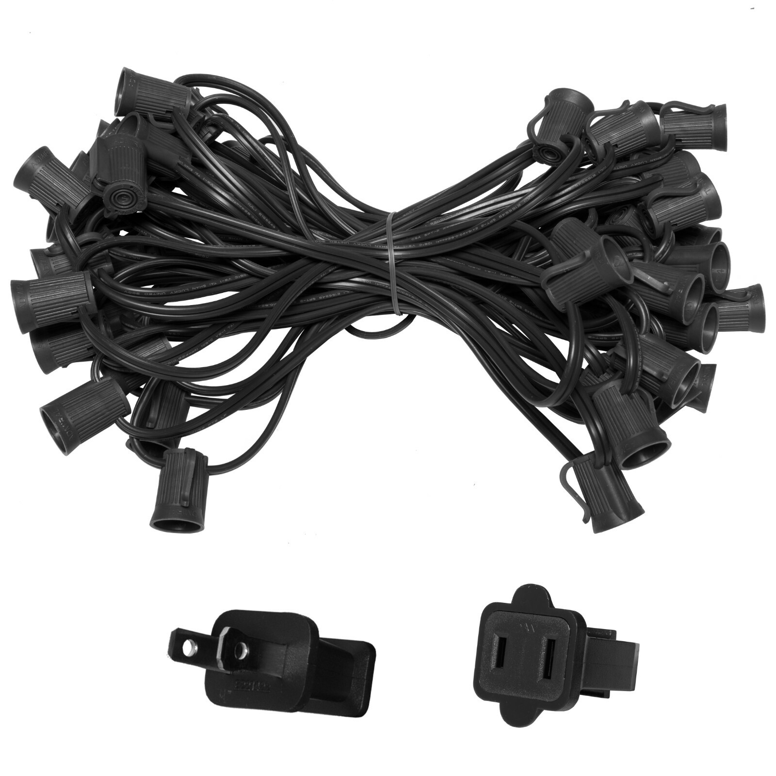 10'-50' Black Patio Light Socket Stringer, 12" Spacing, E17 Sockets, 8A, SPT1