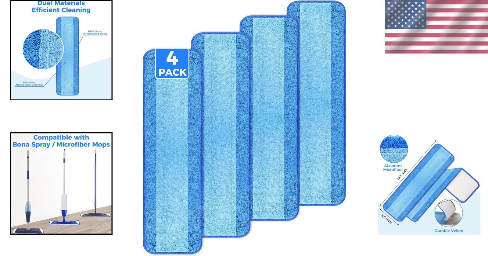 4-Pack Washable Microfiber Mop Pad Refills for Bona - 18-Inch Cleaning Solution