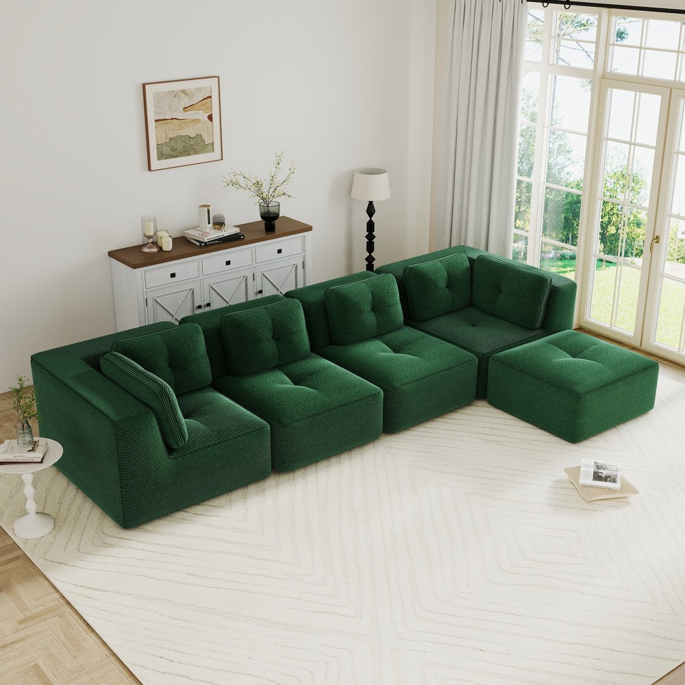 Green Corduroy Modular Sectional Sofa, 4-Seater w/ Ottoman, No Assembly Required