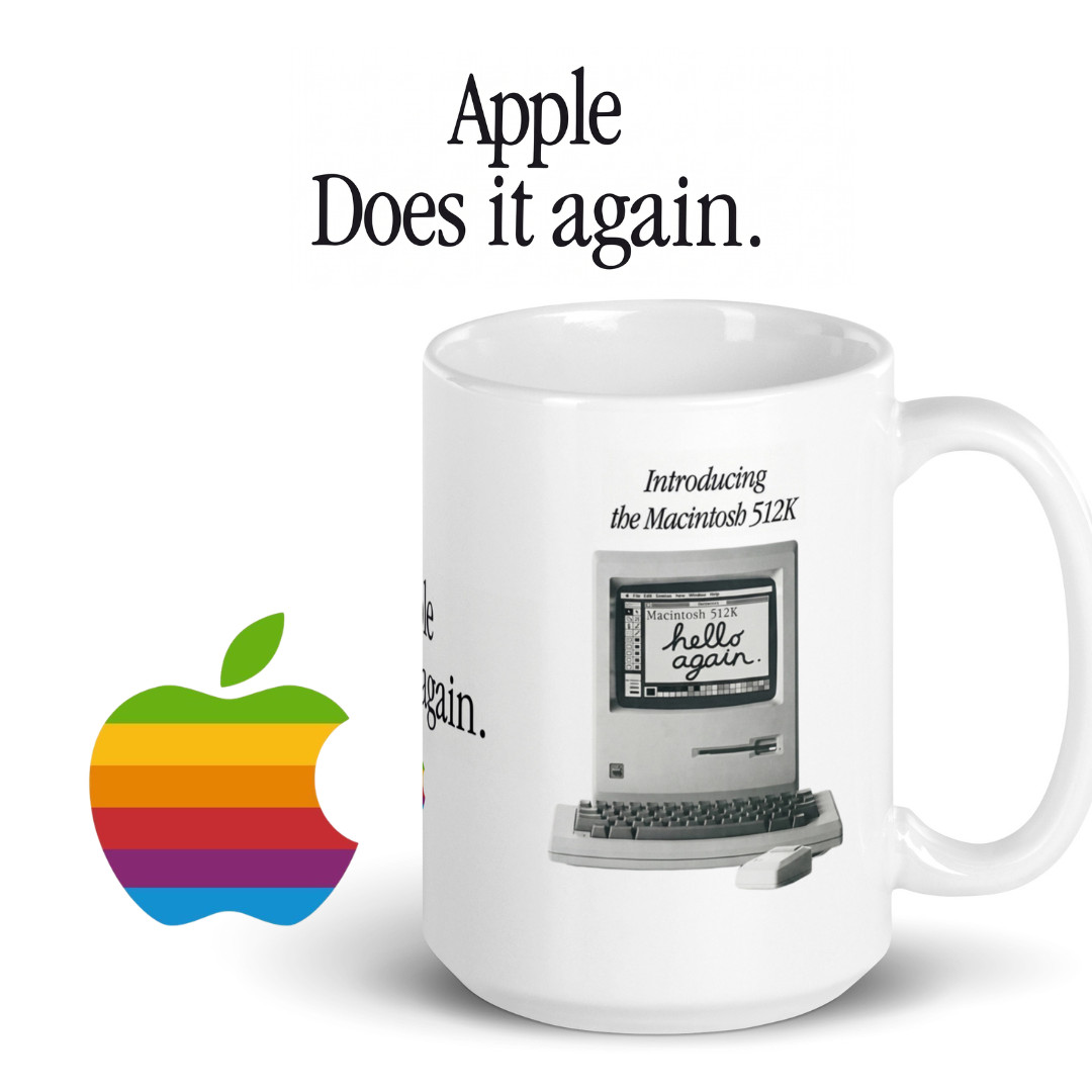 Apple "Does It Again" 1984 Vintage Ad Glossy Mug – 15oz