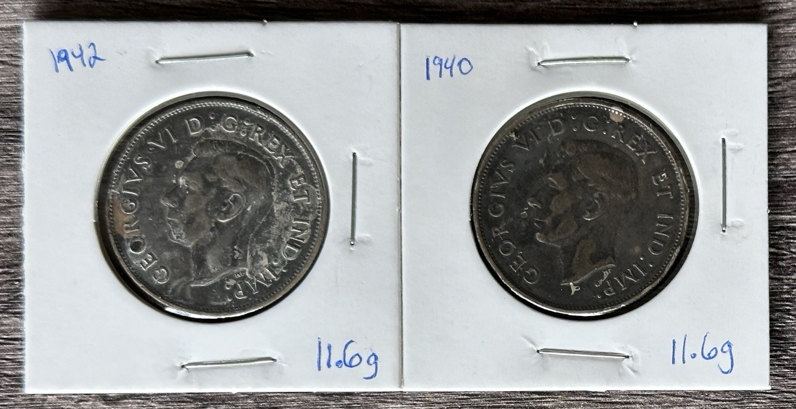 1940 & 1942 Canada 50 Cent Coins. Both Authentic & Circulated.  .800 Silver