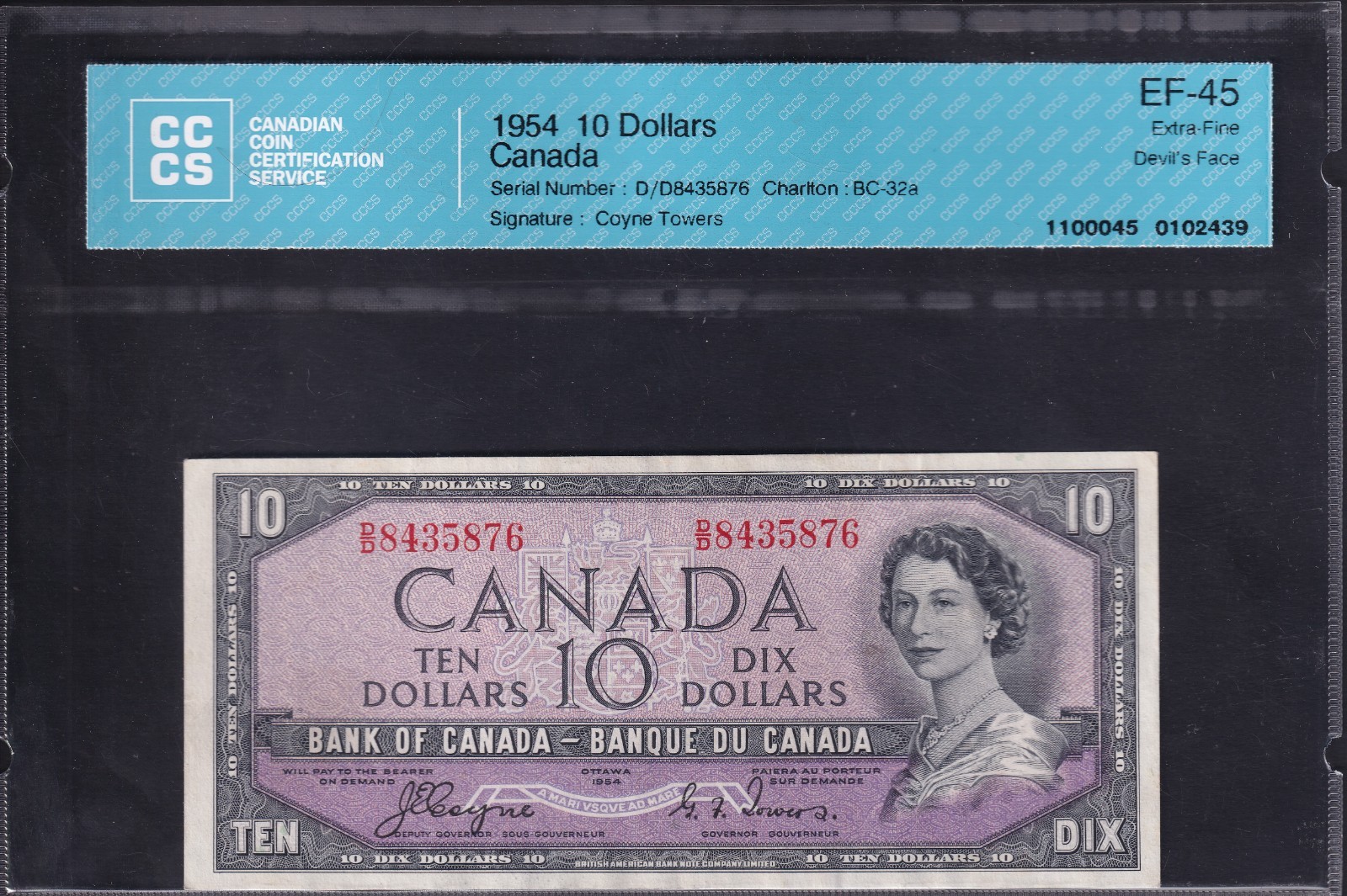 Canada 1954 $10 Ten Dollar Devils Face Banknote Coyne-Towers CCCS Graded EF-45