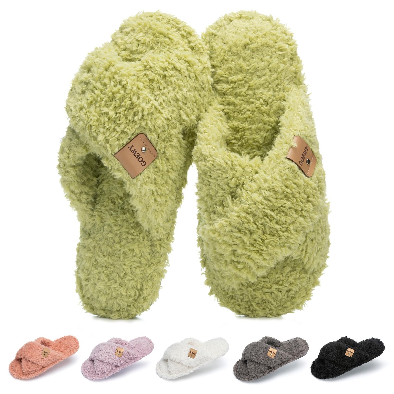GOEWY Fuzzy Open Toe Slippers for Women Indoor and Outdoor with Memory Foam C...