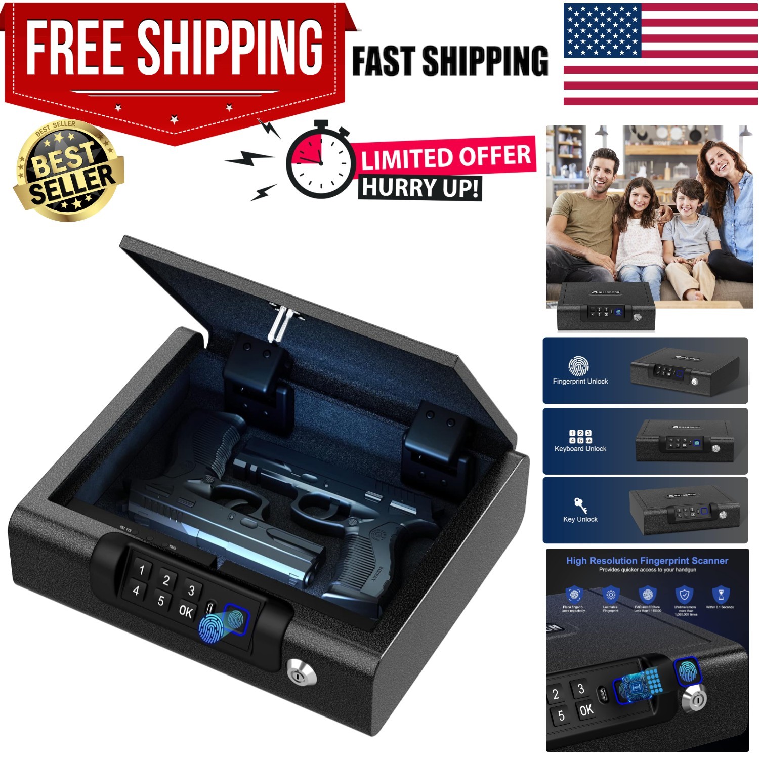 Biometric Gun Safe for Pistols 3-Ways unlock Fingerprint Digital PIN Key Unlo...