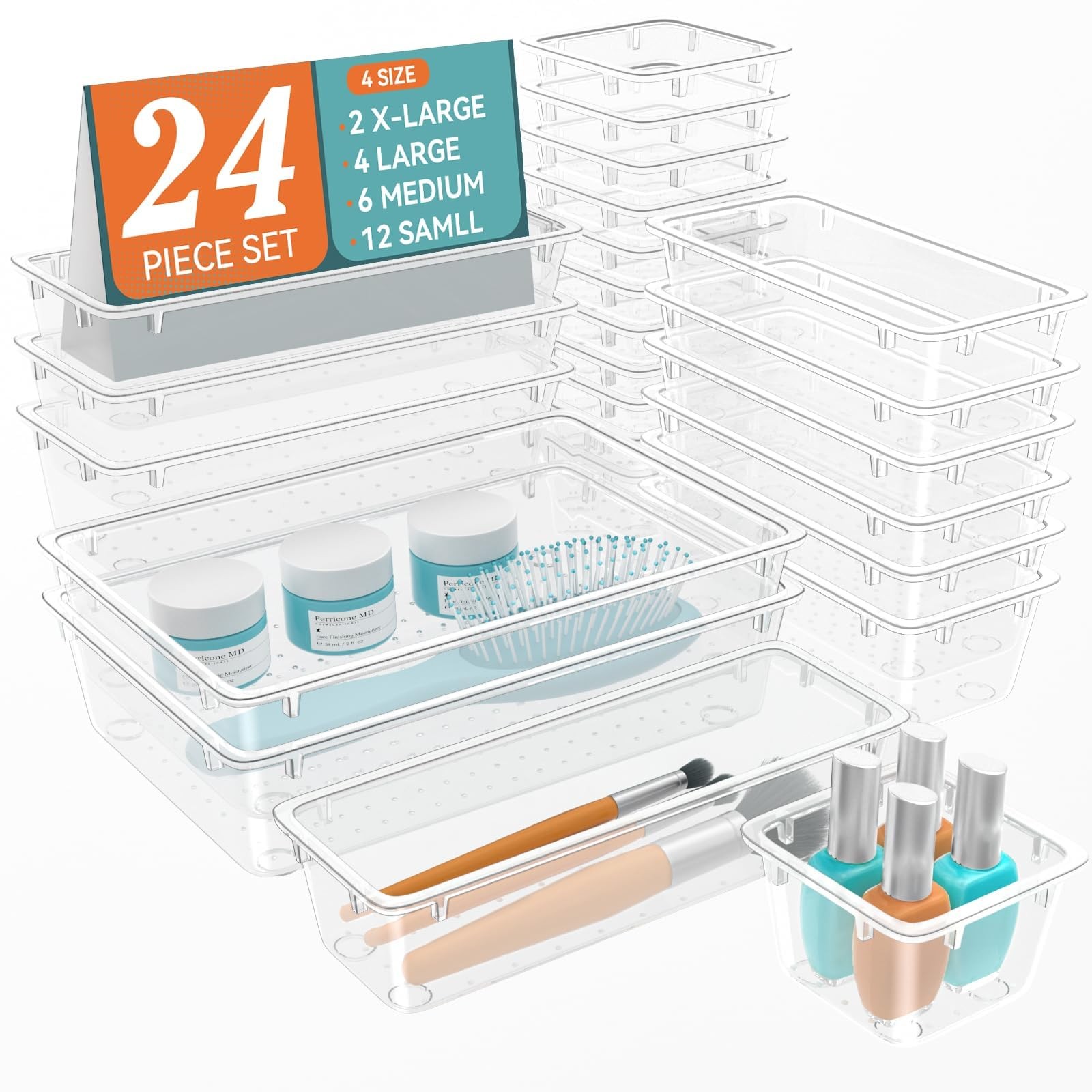 24 PCS Drawer Organizer Set, 4 Sizes Tool Storage Trays, Clear Plastic Makeup...