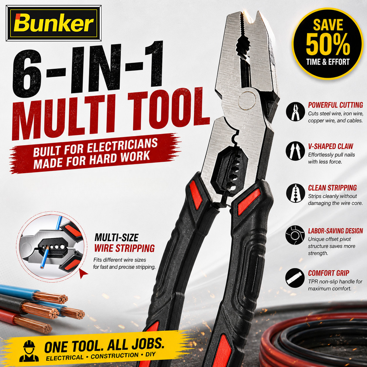 Bunker 6 in 1 Electrician Multi Tool Wire Stripper Crimper V-Shape Nail Puller
