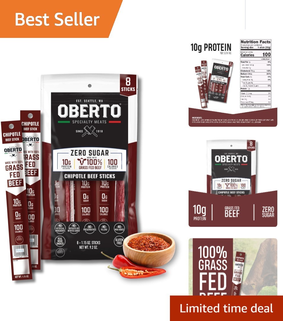 Chipotle Grass-Fed Beef Sticks - 100% Natural & High Protein Snack (Pack of 8)