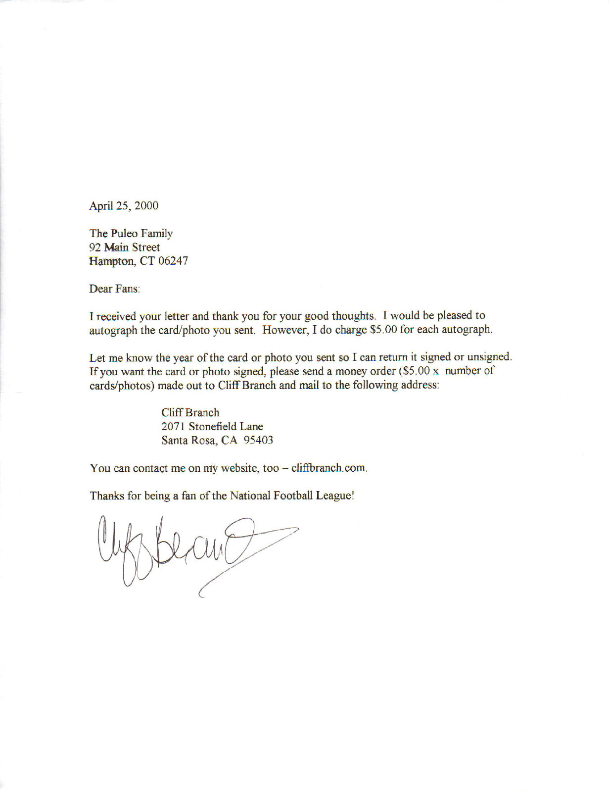 CLIFF BRANCH (+2019) - Football Player - Oakland Raiders - Autograph Letter