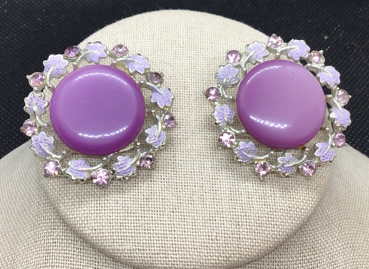 Vintage STAR Chunky Purple Glass & Rhinestone Enameled Leaves Earrings H974