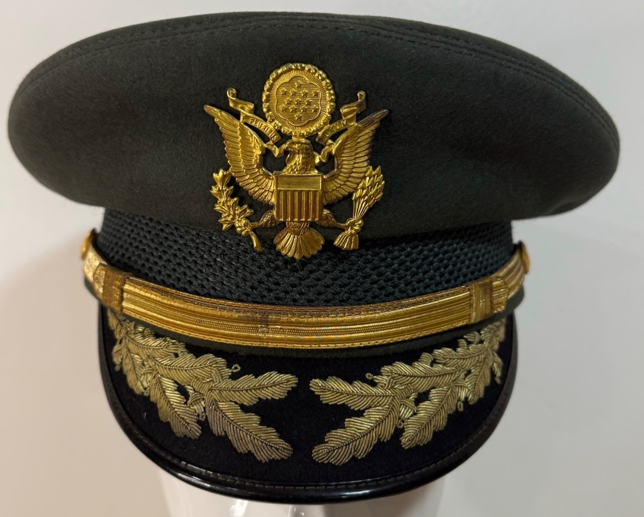 NAMED Vietnam War US Army Colonel Green Visor Cap With Gold Bullion Oak Leaves