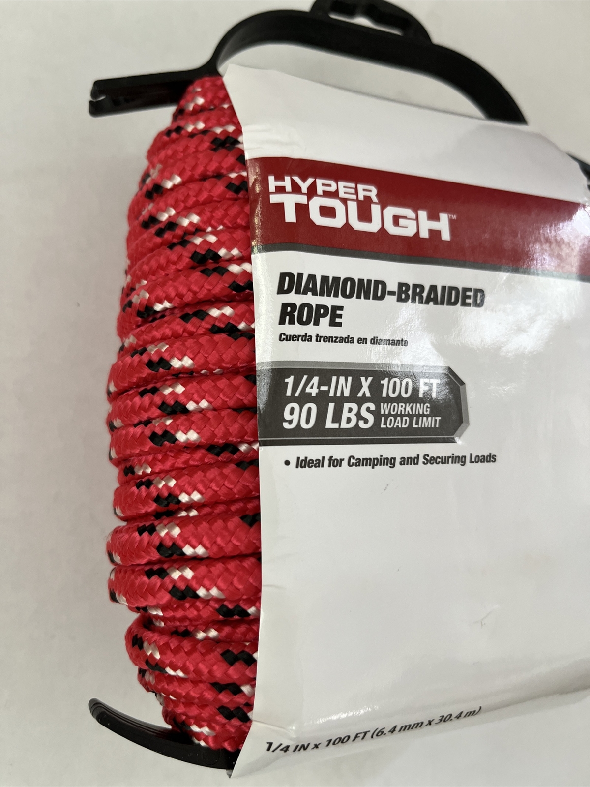 HYPER TOUGH POLYPROPYLENE DIAMOND BRAIDED ROPE 1/4" X 100', RED/BLACK *NEW