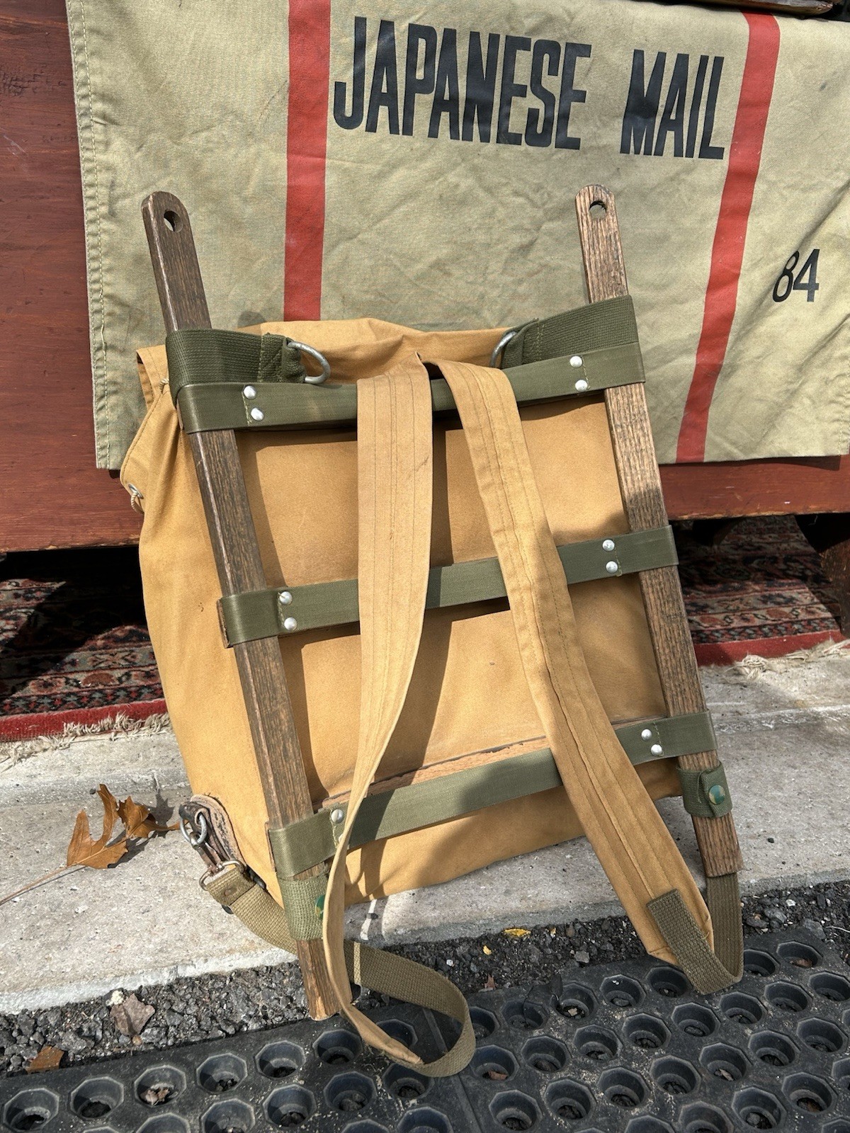Vintage 1920s -30s OAK Wood frame U.S. Navy Canvas Trapper Backpack - Military