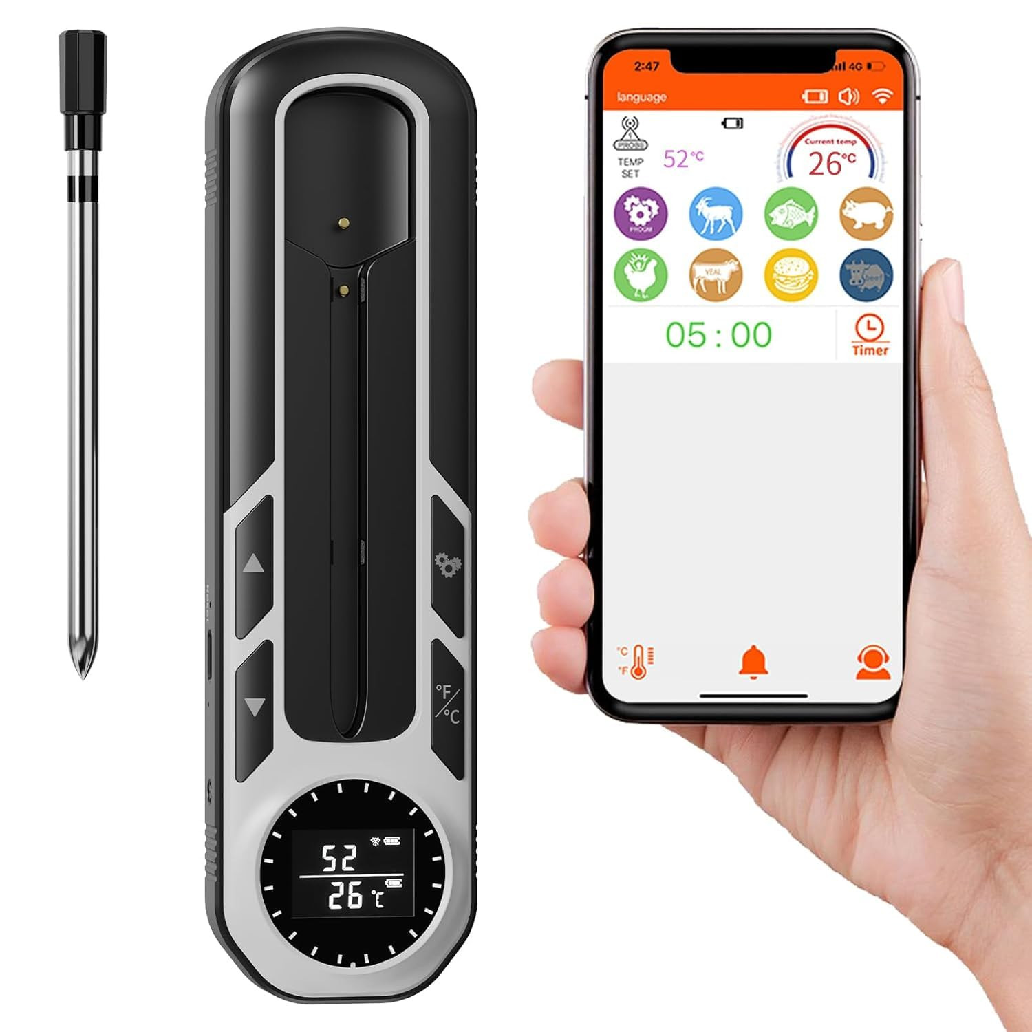 500Ft Smart Bluetooth Meat Thermometer with IP66 Waterproof, Food Thermometer fo