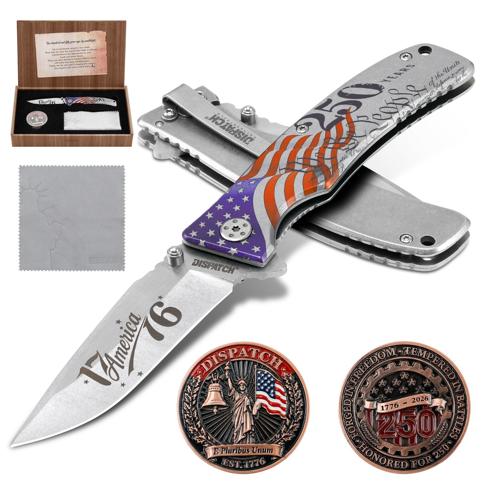250th Anniversary EDC Pocket Knife w/ Coin, Patriotic USA Keepsake, Collectible