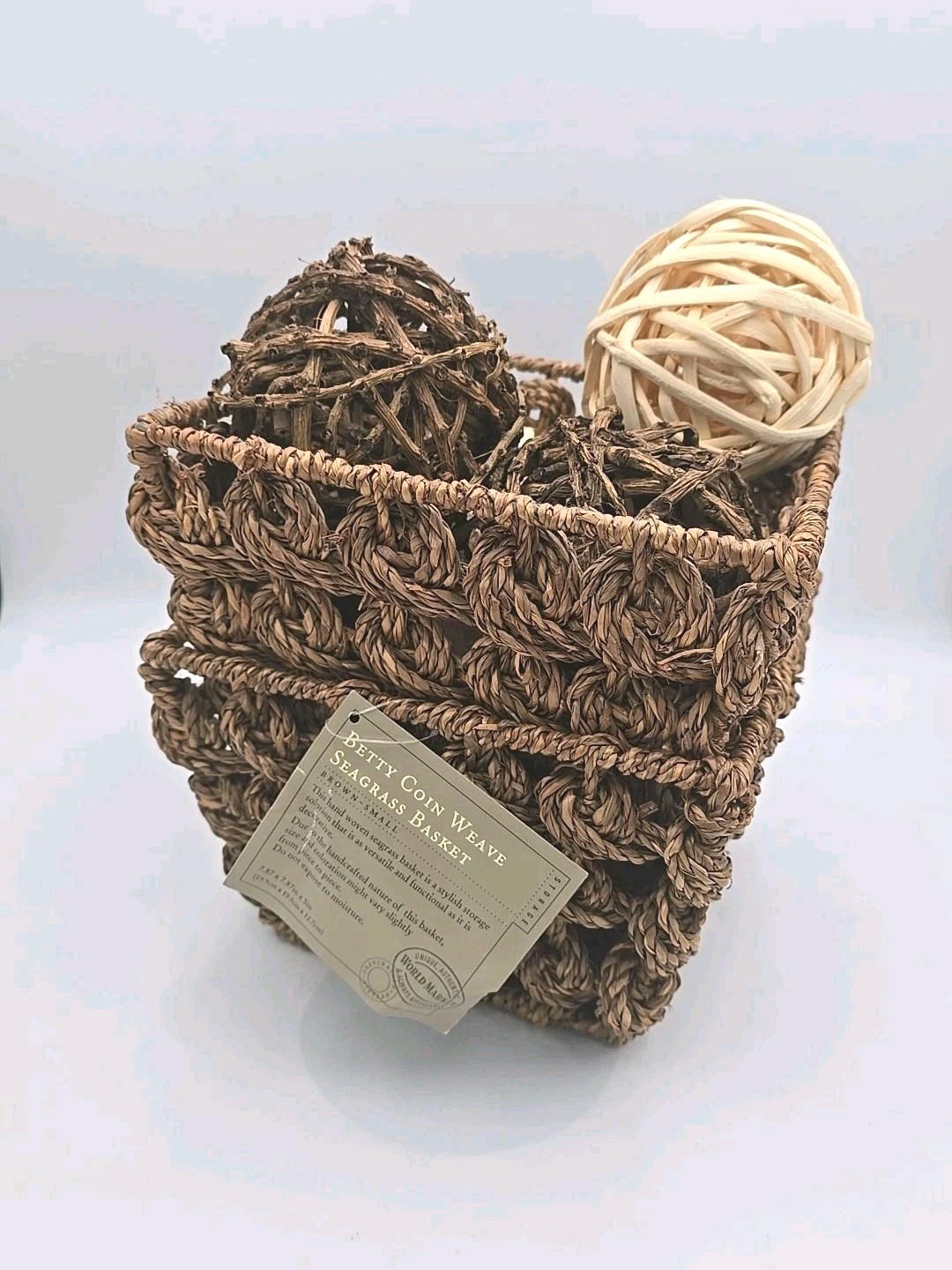 2 Square Brown Braided Wicker Baskets with 4 Natural Decorative Balls Fall Decor