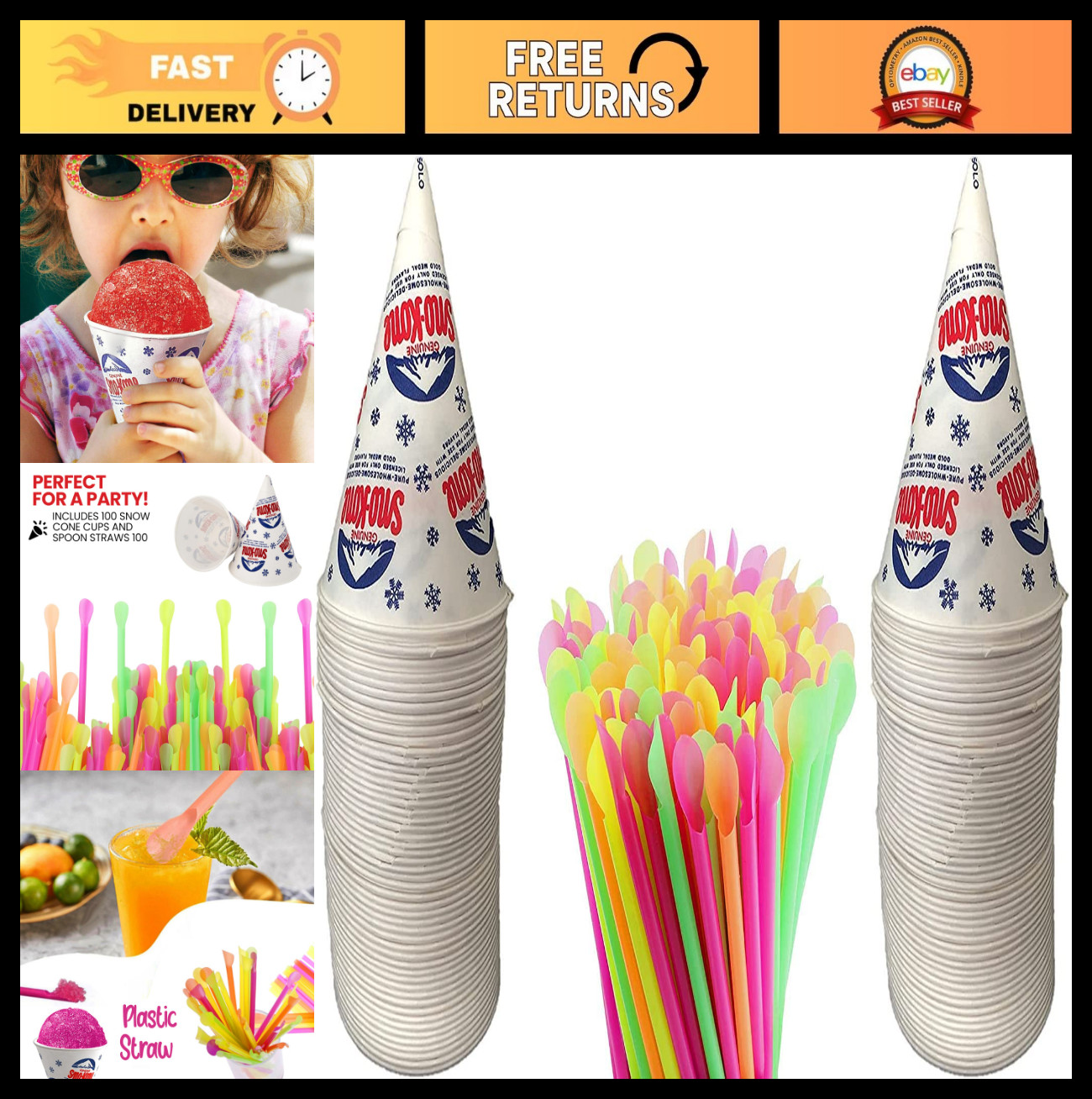 100 Count 6oz Snow Cone Cups & 100 Neon Spoon Straws - Party Supplies, 200ct
