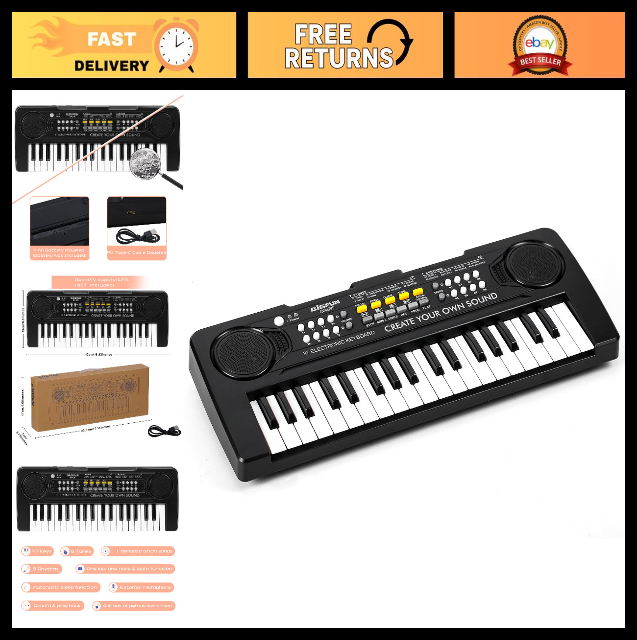 37 Keys Kids Electronic Keyboard Piano - Portable Musical Instrument for Ages 3-
