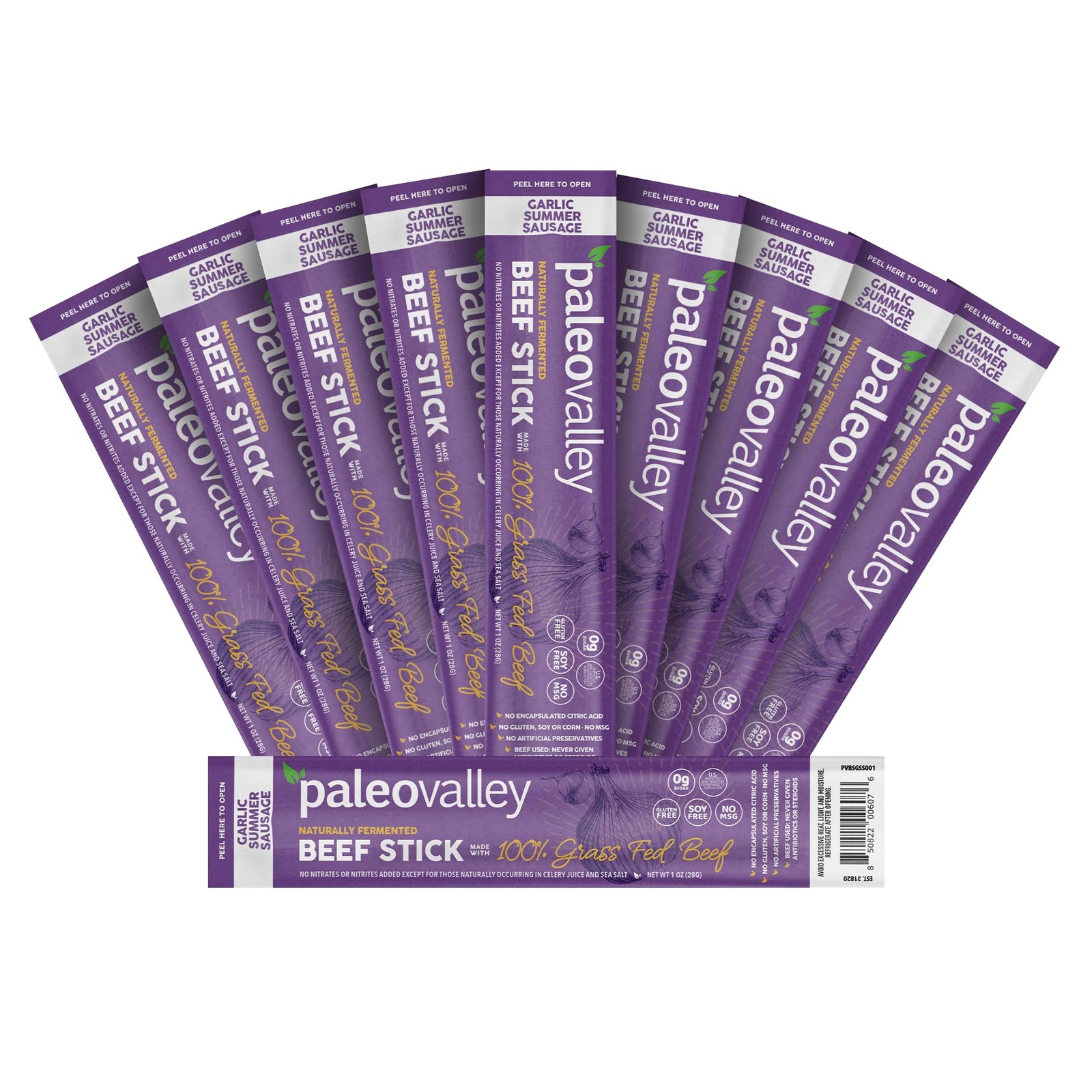 Paleovalley 100% Grass Fed Garlic Summer Sausage Beef Sticks - Delicious Glut...