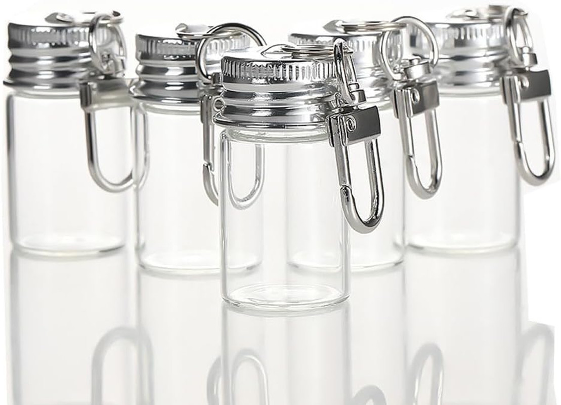 10Pcs Mini Glass Bottles with Lids & Keychains for DIY Crafts 7ML