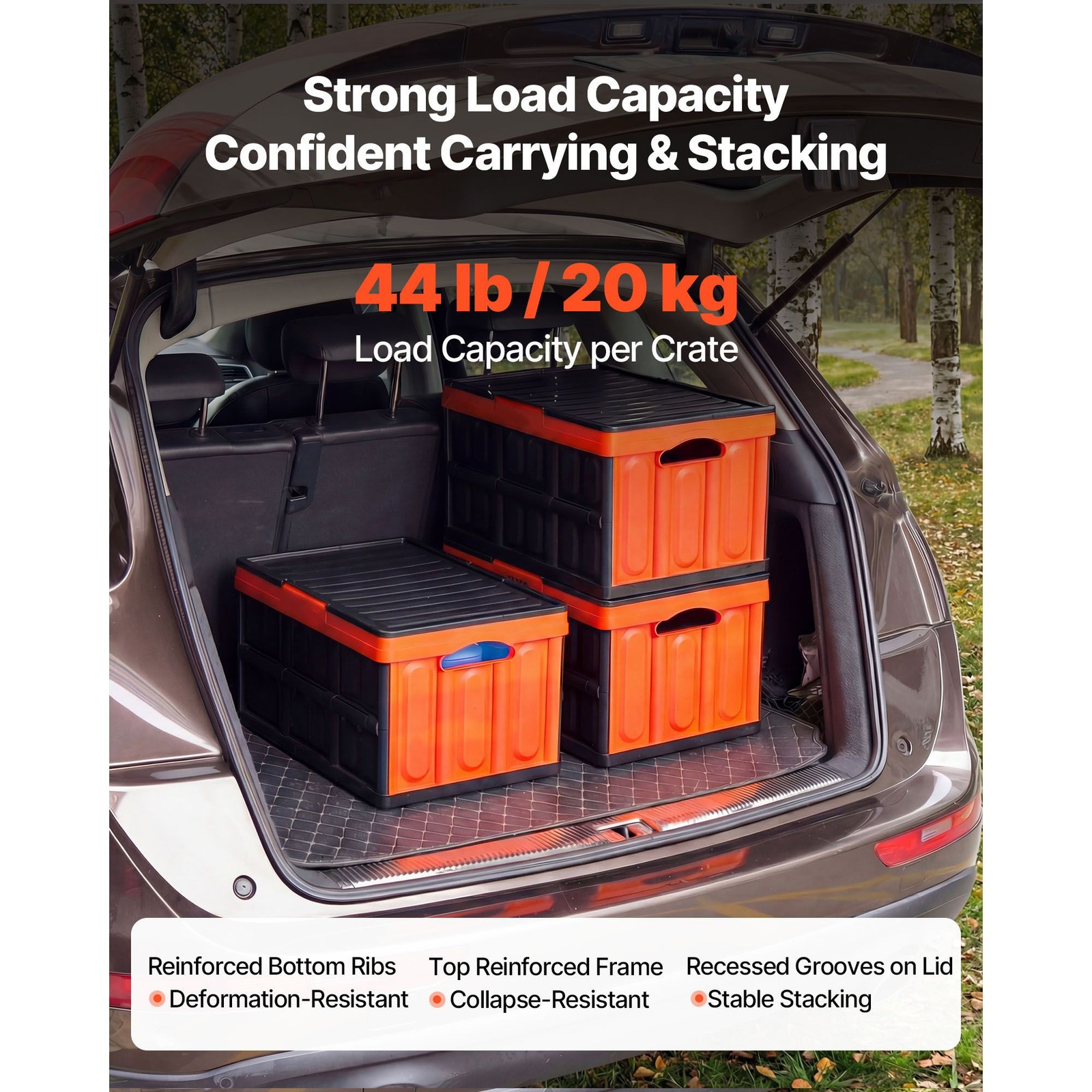45L PP Foldable Storage Bins 3-Pack, Holds 44lb, Stackable