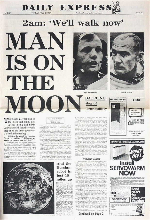 DAILY EXPRESS NEWSPAPER 21 JULY 1969 MAN LANDS ON THE MOON FRONT COVER HEADLINE