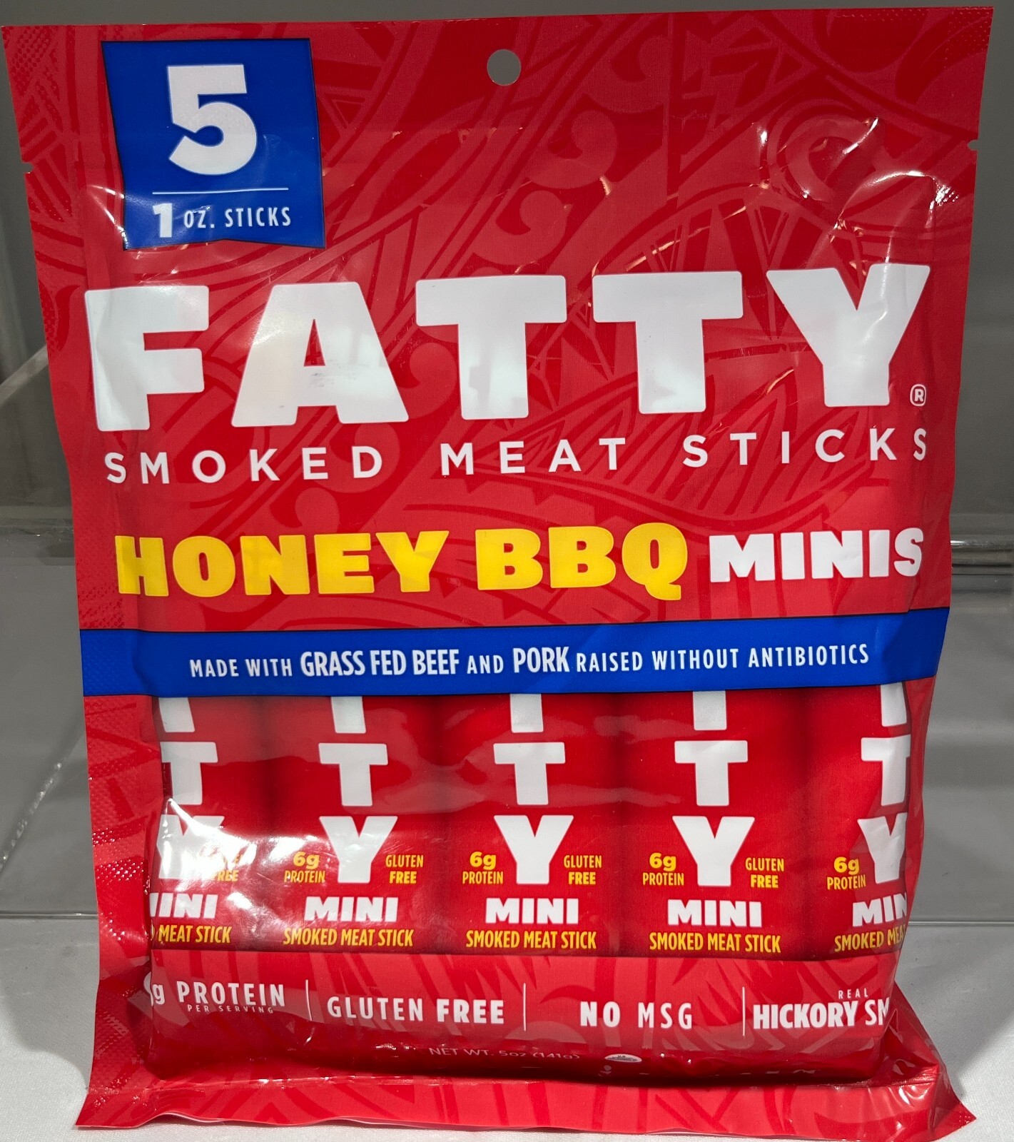 FATTY Smoked Meat Sticks Honey BBQ Minis, Beef & Pork, 5 Count, 1 oz. -EXP: 6/25