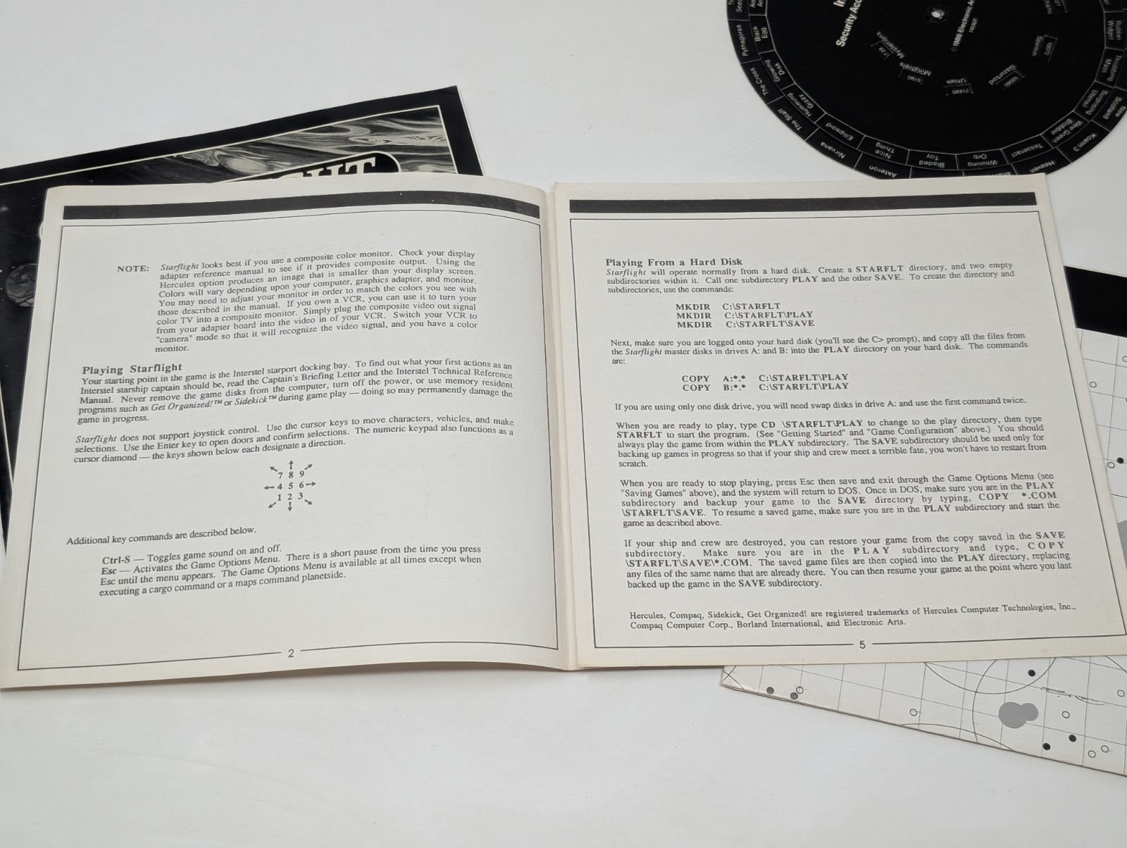 Starflight Vintage PC Tandy 1000/1200 Manual Map Code Wheel INSERTS ONLY 1986