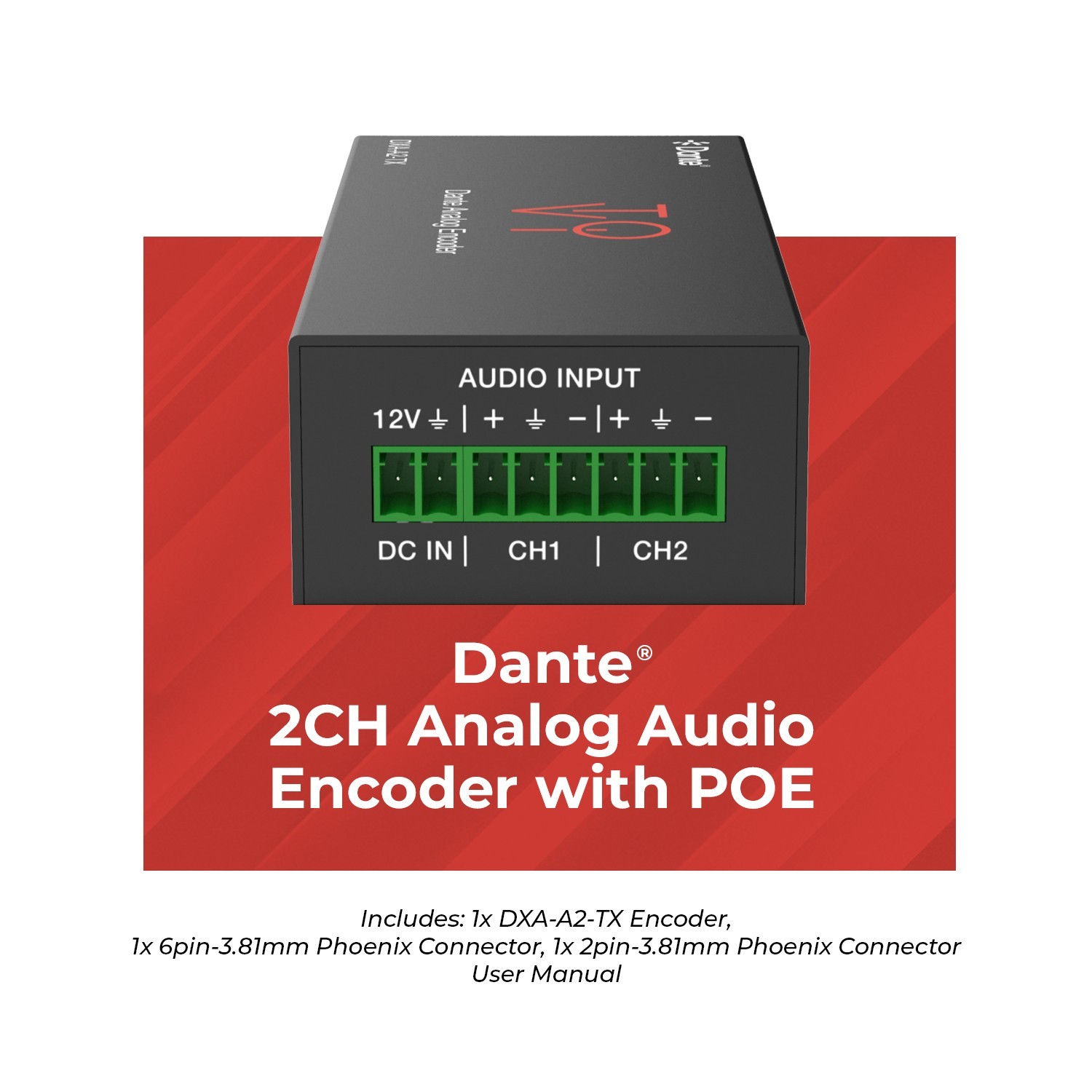 Dante 2CH Analog Audio Encoder with POE - (DXA-A2-TX)
