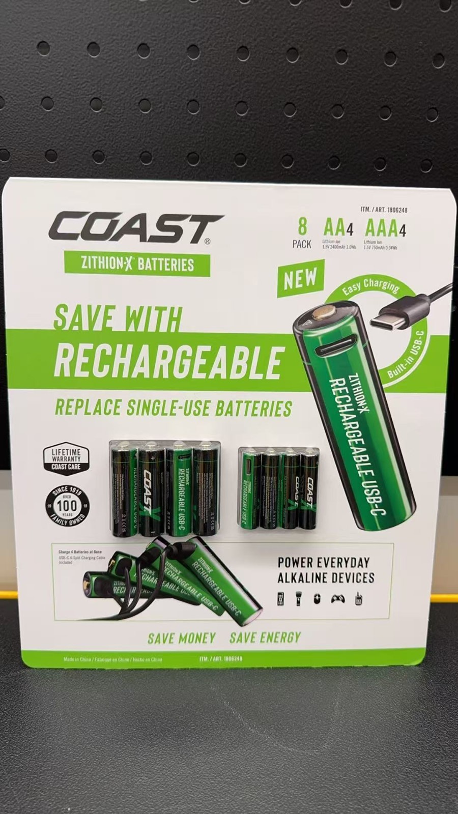 COAST USB-C Rechargeable Lithium Batteries, 8-Count (AA/AAA, 4ea) FREE SHIPPING