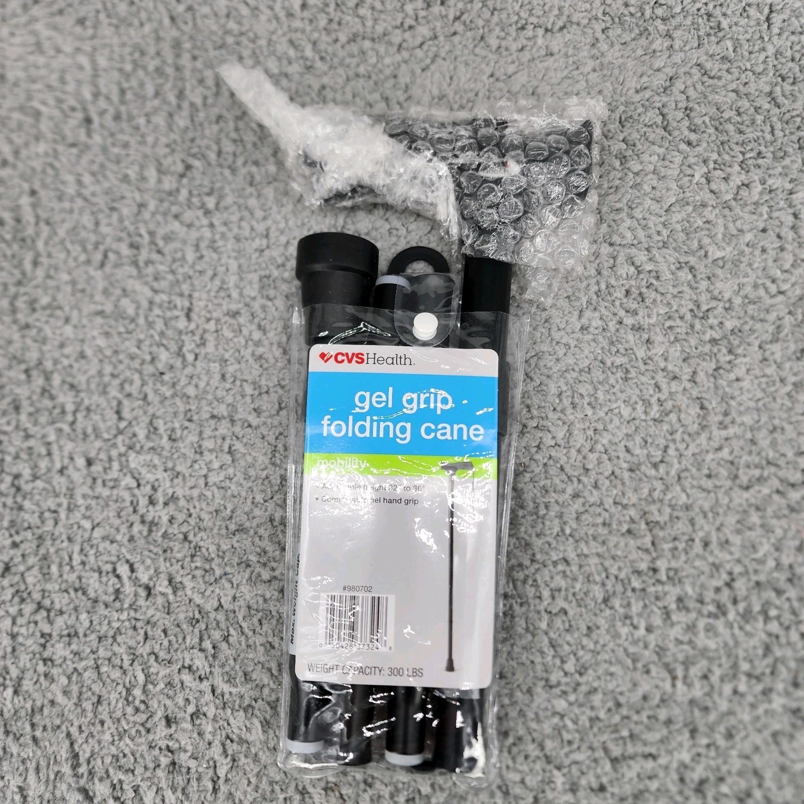 CVS Adjustable Lightweight Walking Cane Foldable Black Gel Grip 300 lb Medical