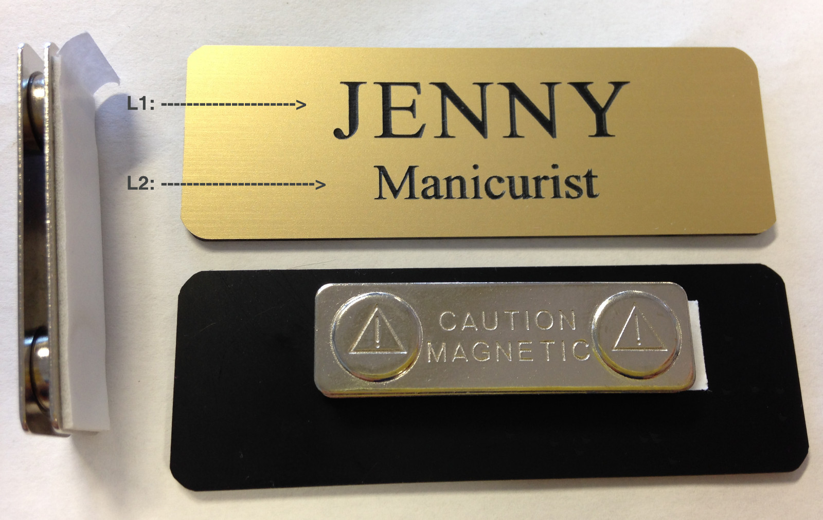 Custom Employee Name Tag Matte Gold w Corner Rounds & magnet attachment 1" x 3"