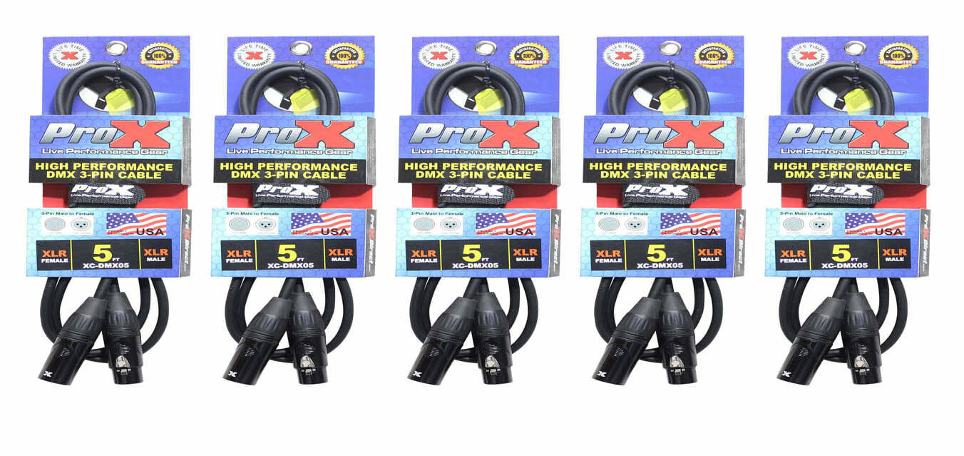 5 ProX DMX Cables 3 Pin 5ft  High Performance Lighting Data Cable