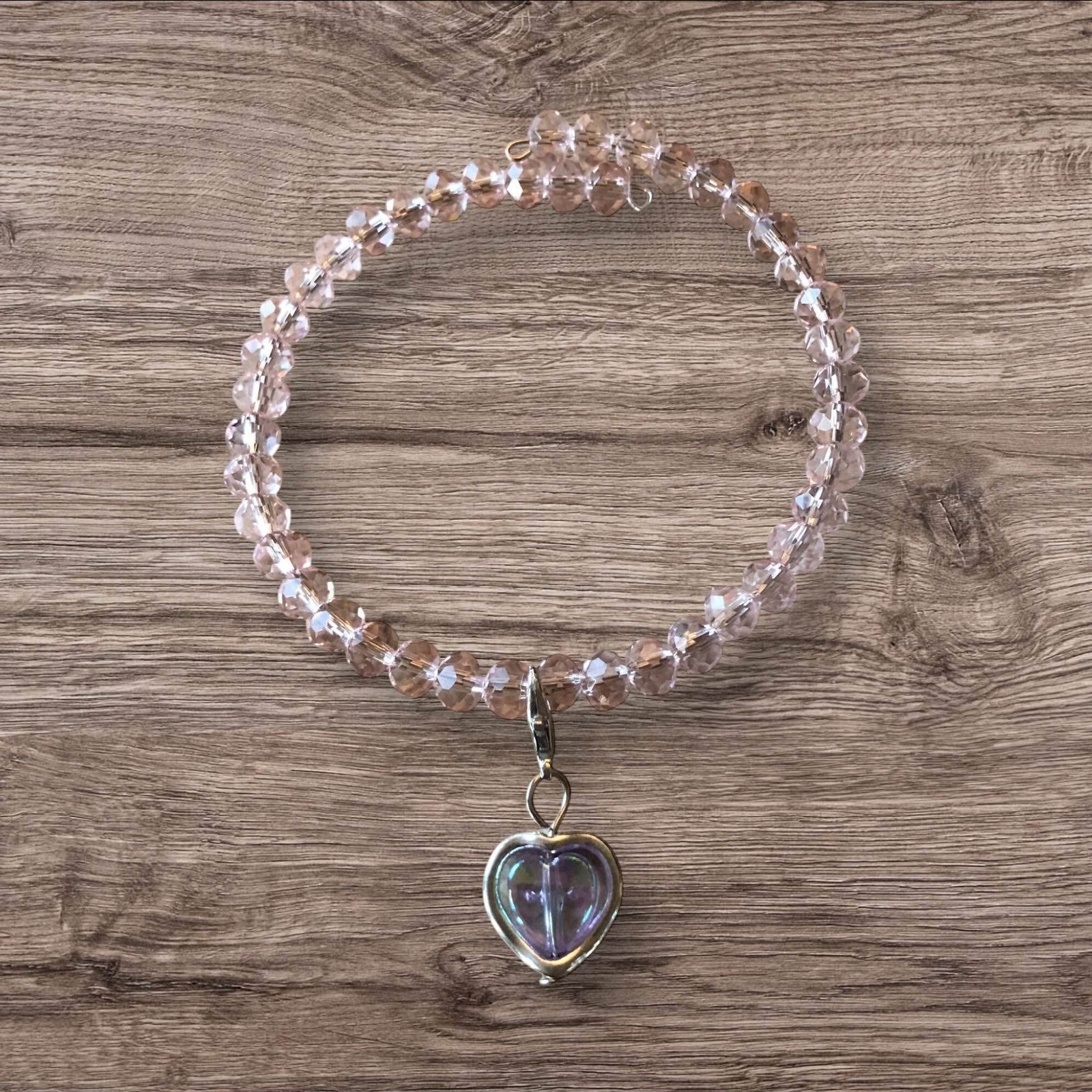 Light Pink Beaded Bracelet Heart Charm Handmade 0129