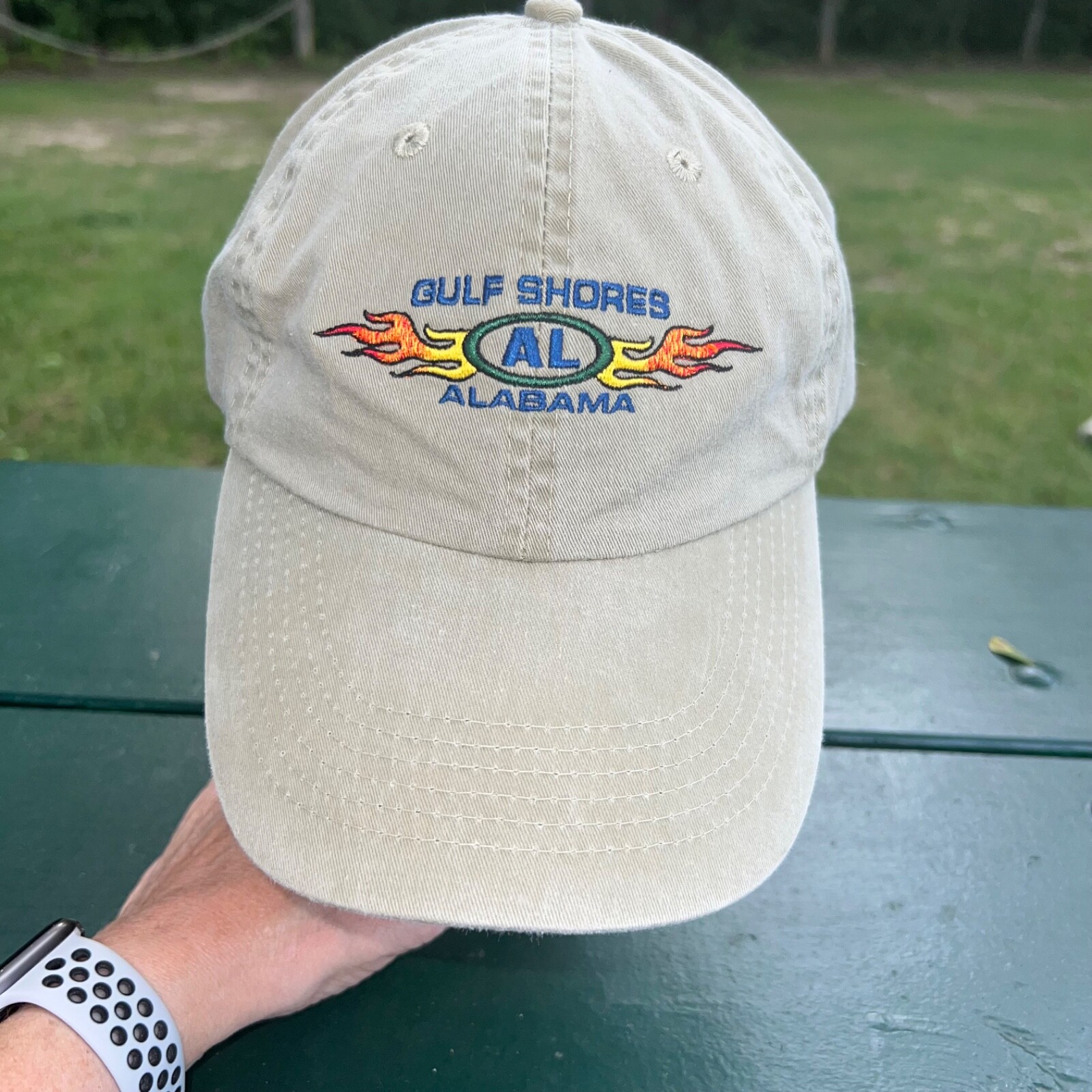 Gulf Shores Alabama w Flames on Light Green Hat Cap Hook Loop EUC