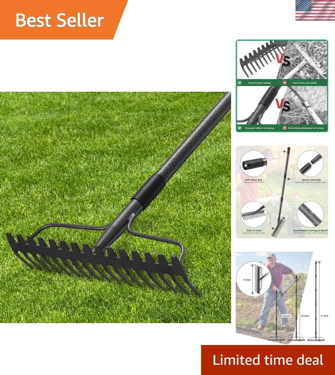 Durable 77'' Metal Head Bow Rake with 17 Tines for Efficient Soil Management