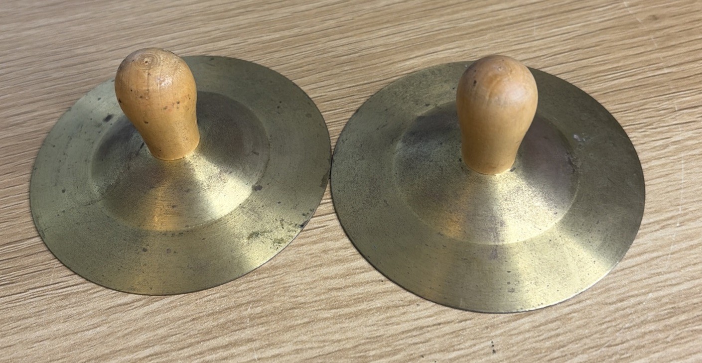 vintage PAIR OF 3-1/4" brass  CYMBALS WITH WOODEN NOBS