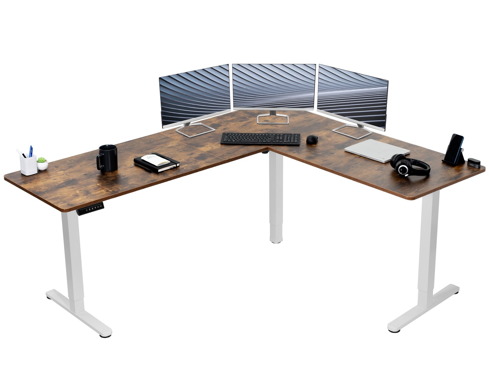 VIVO Vintage Brown / White Electric 75" x 63" Corner Standing Desk, L-Shaped