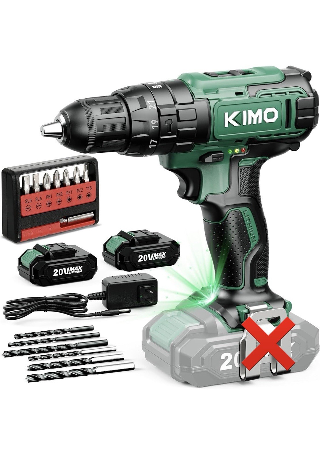 KIMO Cordless Drill Set with 20V 2.0Ah Battery 2 Packs, Max 350 In-Lb Torque, 0-