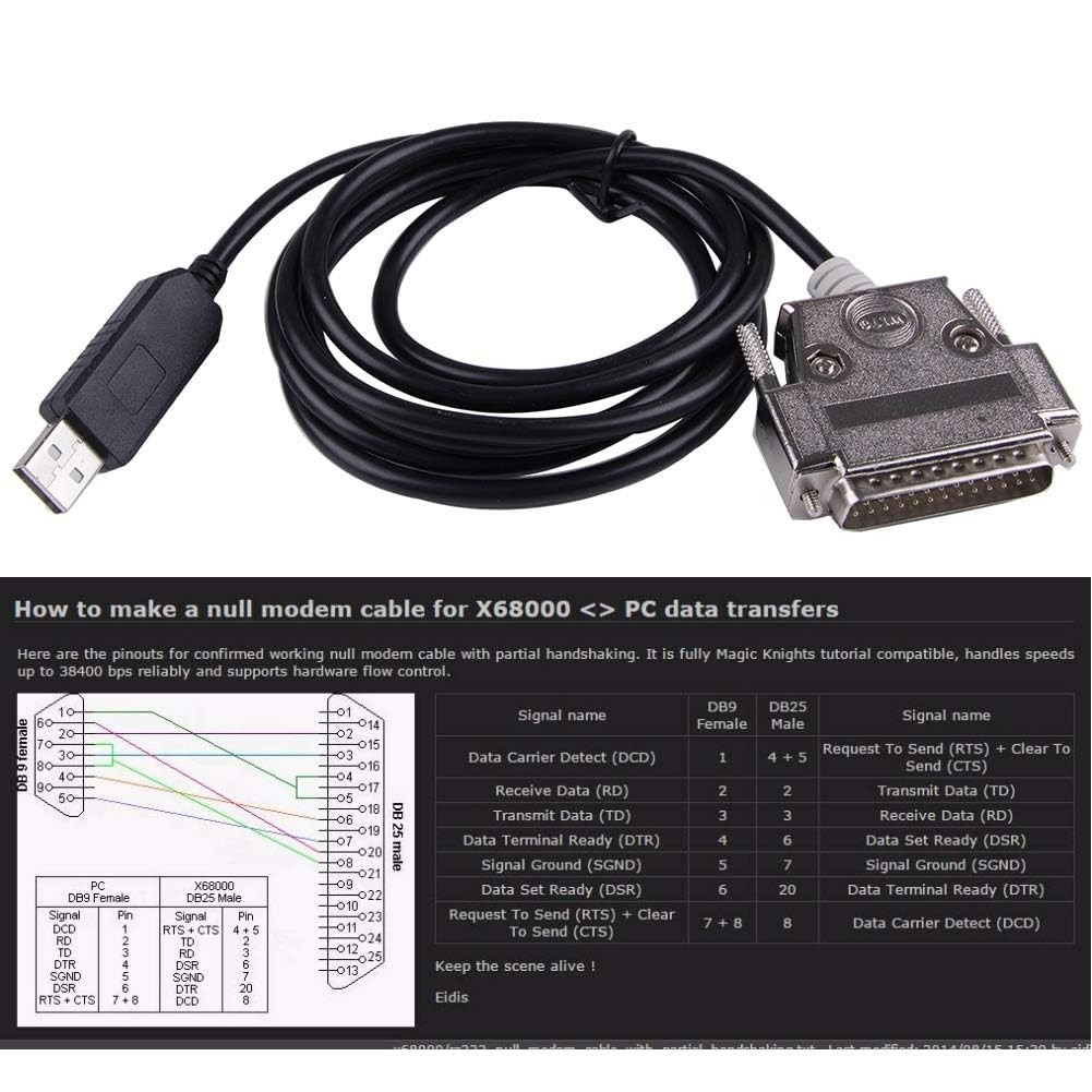 USB to DB25 RS232 Serial Adapter Converter Cable Null Modem FTDI Driver...
